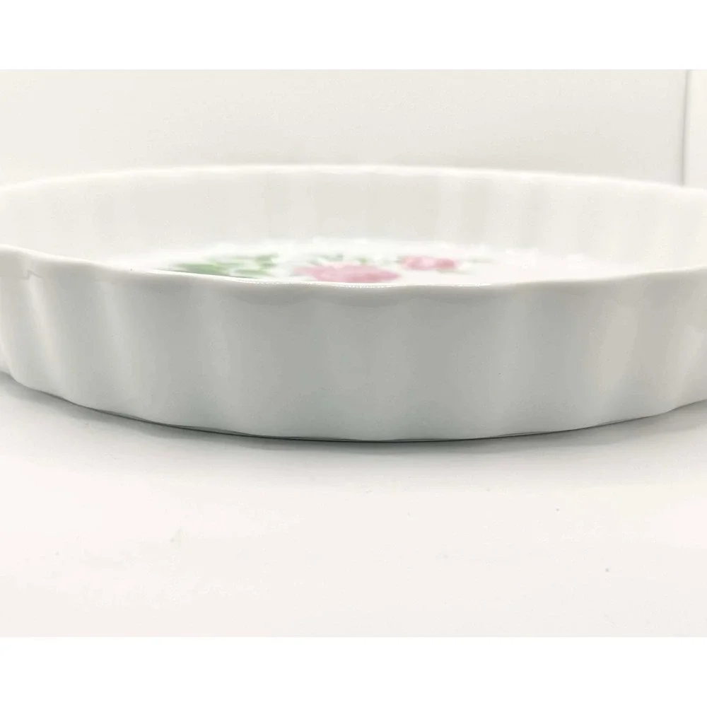 Christineholm Porcelain Quiche Tart Dish Pink Rose Floral Fluted White‎ Round